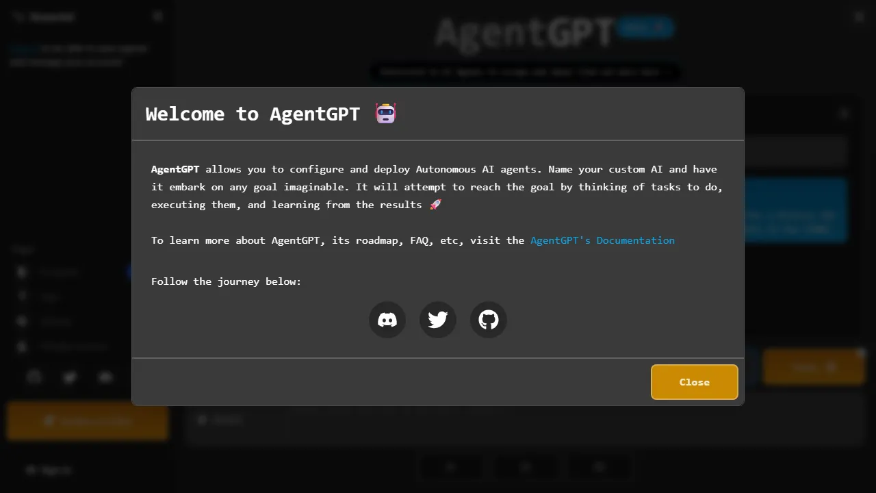 Capture d'écran de l'interface de AgentGPT montrant le tableau de bord principal