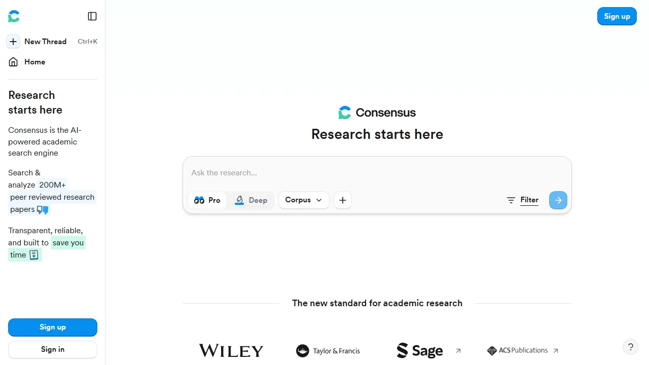 Capture d'écran de l'interface de Consensus montrant le tableau de bord principal