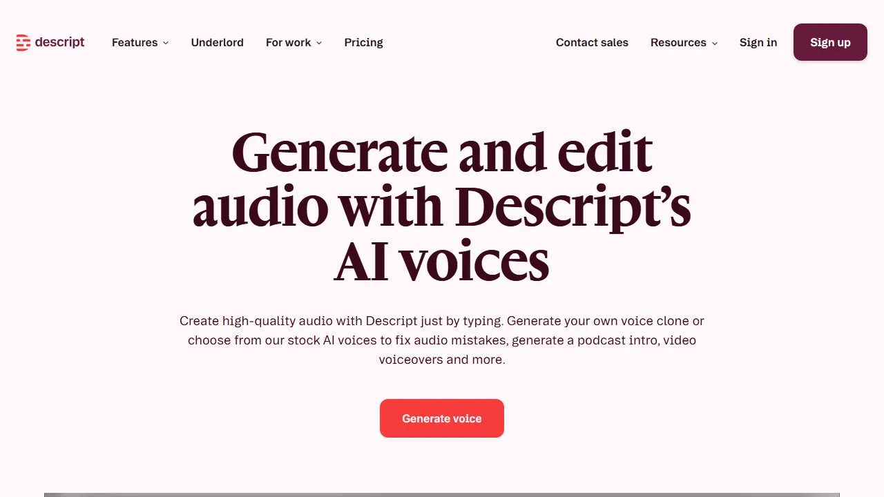 Capture d'écran de l'interface de Descript AI Voice montrant le tableau de bord principal