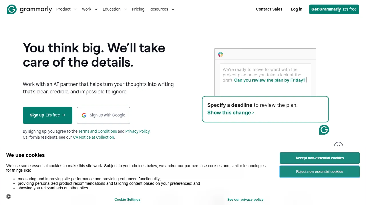 Capture d'écran de l'interface de Grammarly montrant le tableau de bord principal