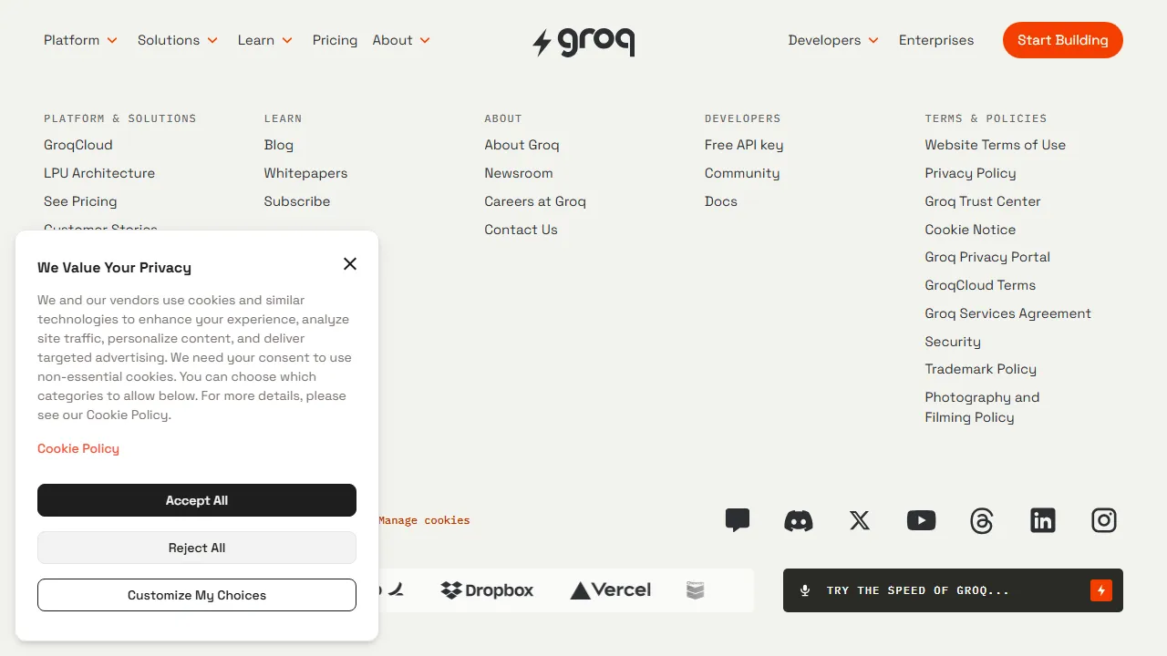 Capture d'écran de l'interface de Groq montrant le tableau de bord principal