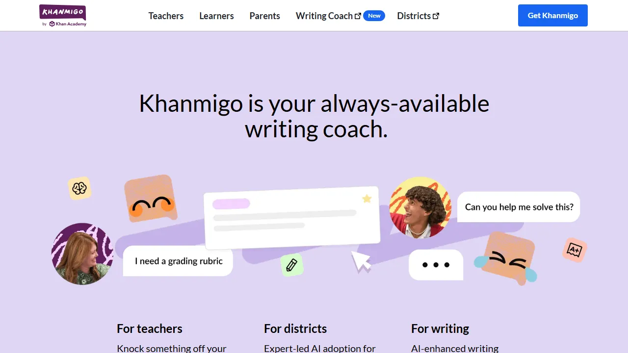 Capture d'écran de l'interface de Khan Academy Khanmigo montrant le tableau de bord principal