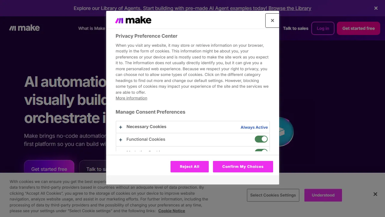 Capture d'écran de l'interface de Make（旧Integromat） montrant le tableau de bord principal