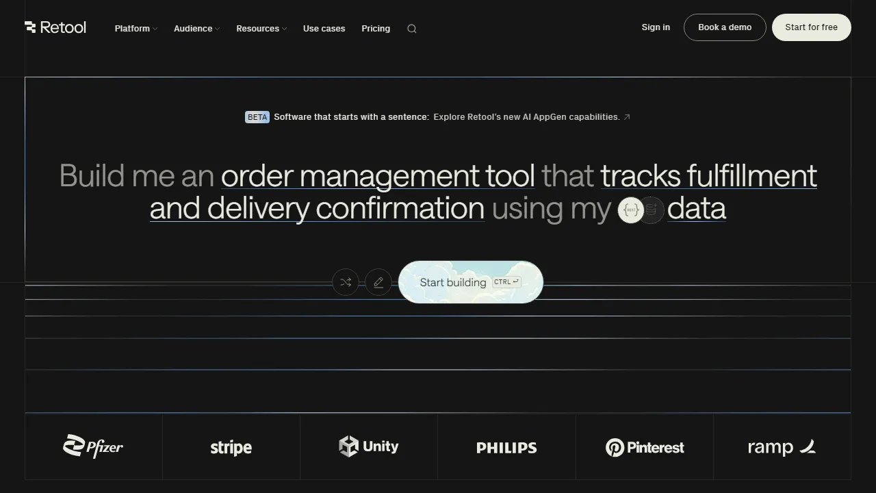Capture d'écran de l'interface de Retool AI montrant le tableau de bord principal