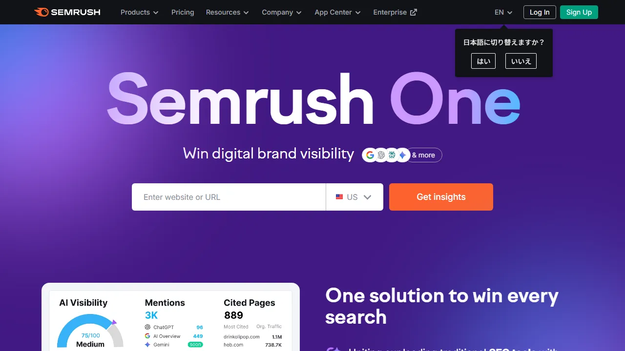 Capture d'écran de l'interface de Semrush AI montrant le tableau de bord principal