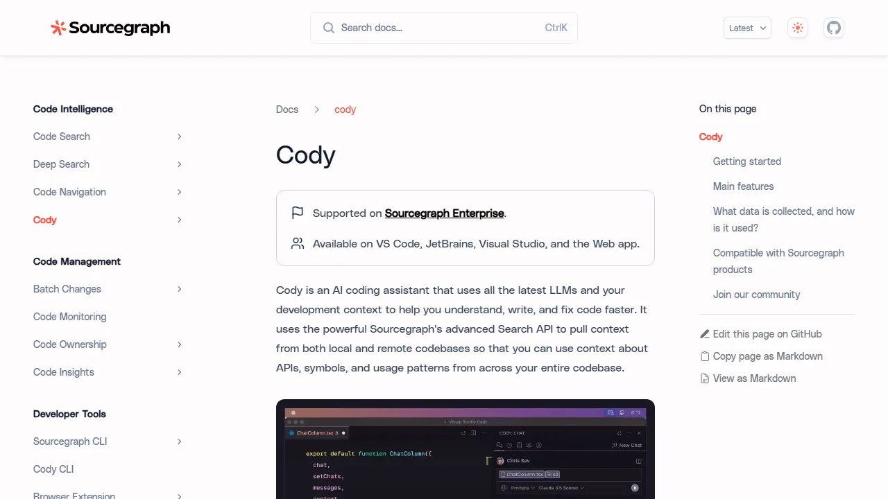 Capture d'écran de l'interface de Sourcegraph Cody montrant le tableau de bord principal