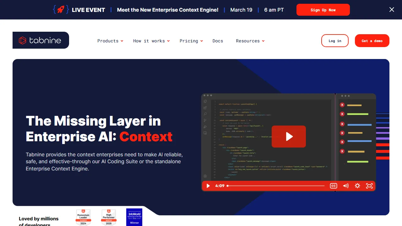 Capture d'écran de l'interface de Tabnine montrant le tableau de bord principal